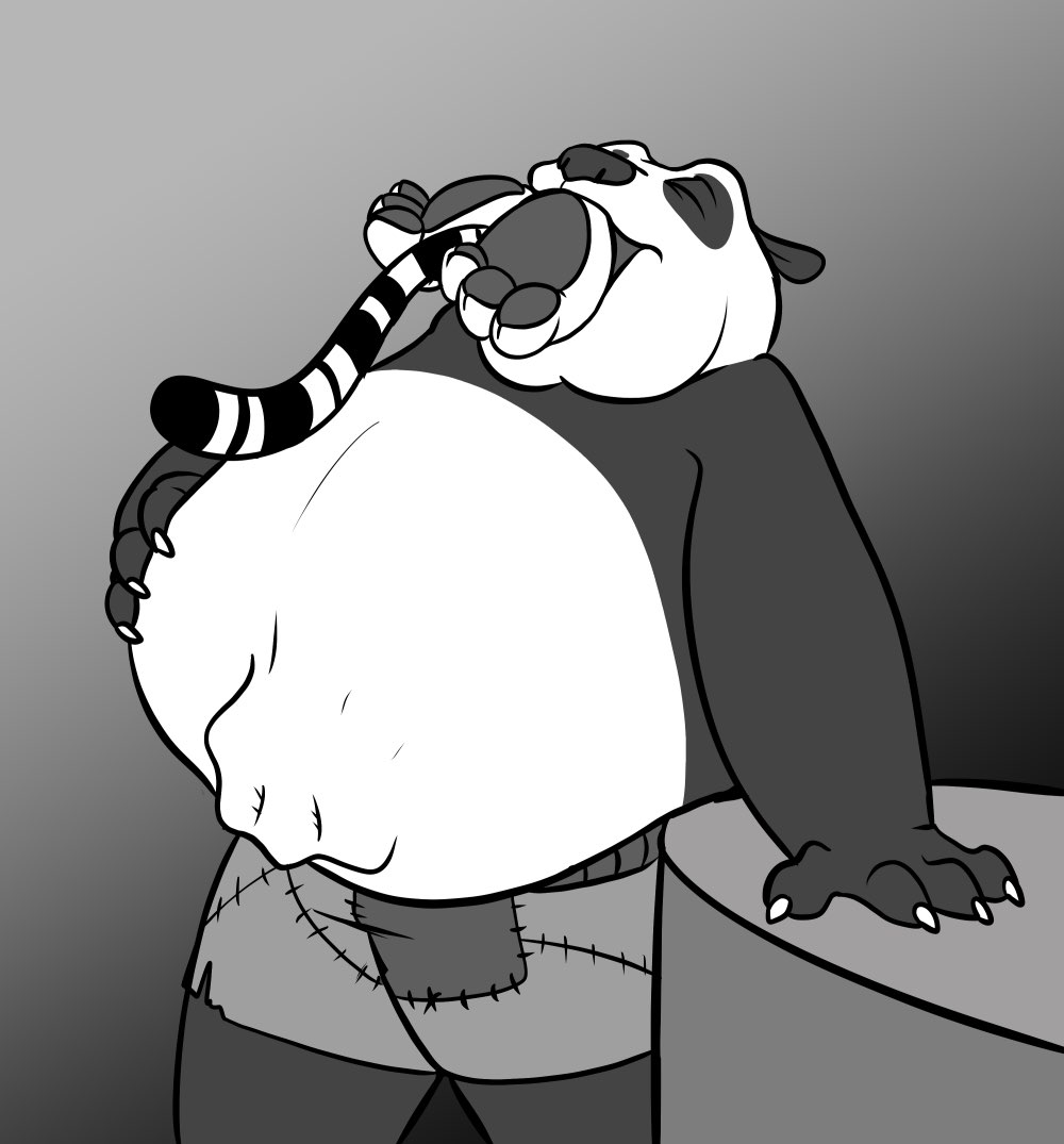 2023 abdominal_bulge anthro bear belly big_belly bottomwear claws clothed clothing dreamworks duo eyes_closed felid female fur giant_panda hand_on_counter hand_on_stomach head_back kung_fu_panda male mammal markings master_po_ping master_tigress monochrome obese obese_anthro obese_male omny87 overweight overweight_anthro overweight_male pantherine patch_(fabric) paws shirtless shirtless_anthro shirtless_male shorts soft_vore standing stitch_(sewing) striped_body striped_fur striped_markings striped_tail stripes tail tail_markings tiger topless topless_anthro topless_male vore