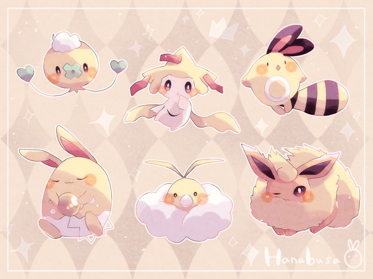 :3 :o alternate_color animal_focus artist_name azumarill beak closed_eyes colored_skin commentary_request drifloon flareon hanabusaoekaki jirachi no_humans one_eye_closed patterned_background pokemon pokemon_(creature) sentret shiny_pokemon sleeping solid_oval_eyes swablu tail tanzaku white_skin yellow_background