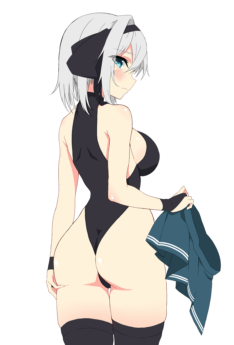 1girl ass black_leotard black_thighhighs breasts closed_mouth commentary_request cowboy_shot green_eyes grey_hair highres konpaku_youmu large_breasts leotard short_hair sideboob simple_background skirt skirt_removed solo suiu_shinotsuku thighhighs touhou white_background