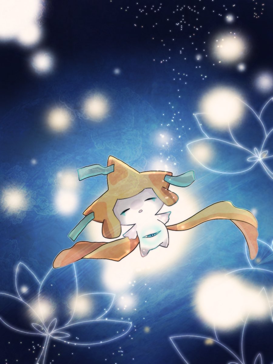 animal_focus closed_eyes colored_skin commentary_request floating flower hanabusaoekaki highres jirachi lotus night night_sky no_humans parted_lips pokemon pokemon_(creature) sky space star_(sky) tanzaku third_eye white_skin