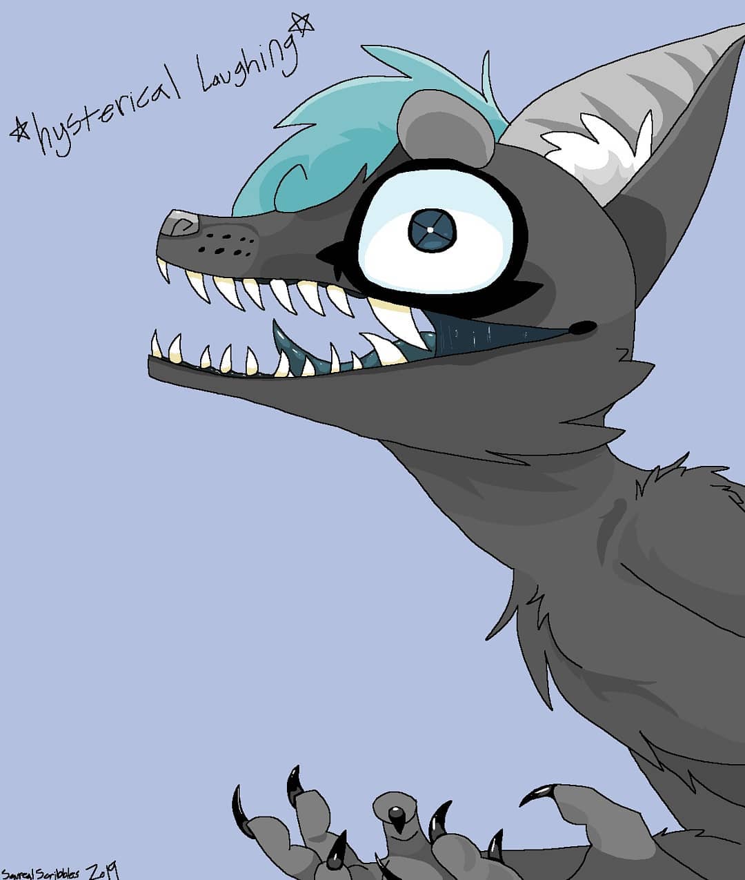 ambiguous_gender animal_humanoid anthro big_eyes big_pupils blue_hair blue_membrane blue_sclera blue_tongue canid canid_humanoid canine canine_humanoid canis chest_tuft claws dilated_pupils exposed_teeth finger_claws fur grey_arms grey_body grey_ears grey_fingers grey_fur grey_hands hair hi_res humanoid hysterical_laughter inner_ear_fluff laugh mammal mammal_humanoid membrane_(anatomy) pupils saureal solo teeth teeth_showing tongue tuft vibrissae wide_smile wolf wolf_humanoid