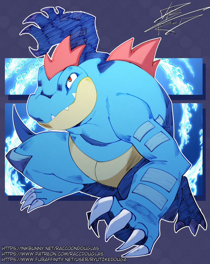 ambiguous_gender anthro biped blue_body claws countershade_face countershading feraligatr generation_2_pokemon nintendo pokemon pokemon_(species) raccoondouglas scalie solo tail text url