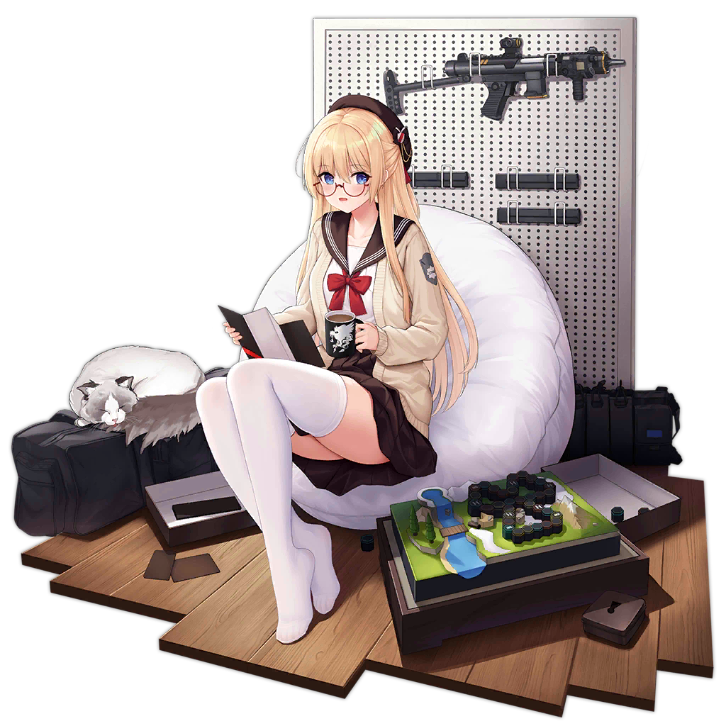 1girl allenes bean_bag_chair black_bag blonde_hair blue_eyes blush board_game bow bowtie brown_headwear brown_sailor_collar brown_skirt card cardigan cat coffee_mug cup feet full_body girls'_frontline griffin_&amp;_kryuger gun gun_rack holding holding_cup long_hair long_sleeves looking_at_viewer loose_bowtie magazine_(weapon) mug no_shoes official_alternate_costume official_art open_box open_mouth pamphlet pleated_skirt red-framed_eyewear red_bow red_bowtie sailor_collar semi-rimless_eyewear shirt simple_background sitting skindentation skirt solo star_model_z62 thighhighs third-party_source toes transparent_background under-rim_eyewear very_long_hair weapon white_cardigan white_cat white_shirt white_thighhighs z-62_(casual_afternoon_game)_(girls'_frontline) z-62_(girls'_frontline)