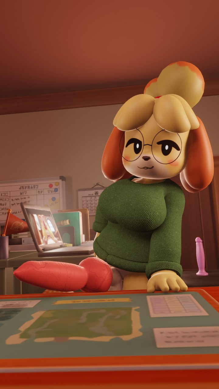 3d_(artwork) animal_crossing animal_genitalia animal_penis anthro balls bedroom_eyes big_balls big_breasts big_dildo big_penis blush bottomless breasts canid canine canine_genitalia canine_penis canis clothed clothing computer desk digital_media_(artwork) dildo domestic_dog erection eyewear front_view fur furfnsfw furniture genitals glasses gynomorph hair hi_res huge_penis inside intersex isabelle_(animal_crossing) laptop leaning looking_at_viewer mammal narrowed_eyes nintendo open_mouth open_smile partially_clothed penis seductive sex_toy shih_tzu smile smug solo table thick_thighs toy_dog vein veiny_penis wide_hips yellow_body yellow_fur