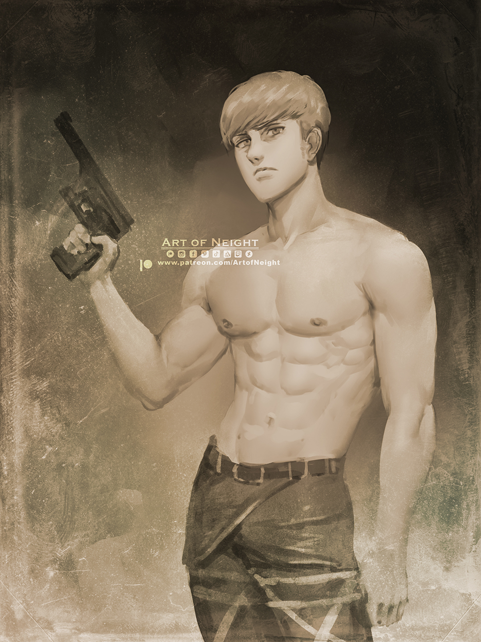 1boy abs art_of_neight artist_name commentary cowboy_shot floch_forster frown greyscale gun handgun highres holding holding_gun holding_weapon male_focus monochrome muscular muscular_male navel pectorals sepia shingeki_no_kyojin solo topless_male watermark weapon web_address