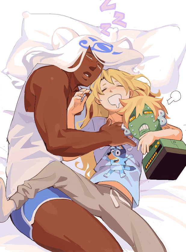 3boys =3 arm_around_neck blonde_hair blue_shirt blue_shorts bluey bluey_(bluey) blush character_print colored_eyelashes cuddling dark-skinned_male dark_skin disembodied_head drooling eddie_(young)_(guilty_gear) grey_pants guilty_gear humanoid_robot key_in_head long_hair lying metal_skin midriff_peek mouth_drool multiple_boys object_through_head on_back on_bed on_side open_mouth pants parted_lips pillow print_shirt robo-ky robot shirt short_hair short_sleeves shorts sigh sleeping socks solid_eyes sorrysap spread_legs sweatpants tank_top venom_(guilty_gear) white_hair white_shirt white_socks winding_key yellow_eyes zzz