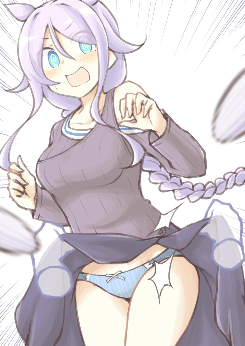 1girl @_@ akara_kai black_skirt blue_eyes clothes_lift commentary_request commission cowboy_shot disembodied_limb emphasis_lines grey_hair grey_sweater hair_flaps hair_over_one_eye hair_tie highres kantai_collection long_hair mole mole_under_eye official_alternate_costume open_mouth parted_bangs ribbed_sweater skirt skirt_lift solo standing sweater umikaze_(kancolle) very_long_hair white_background
