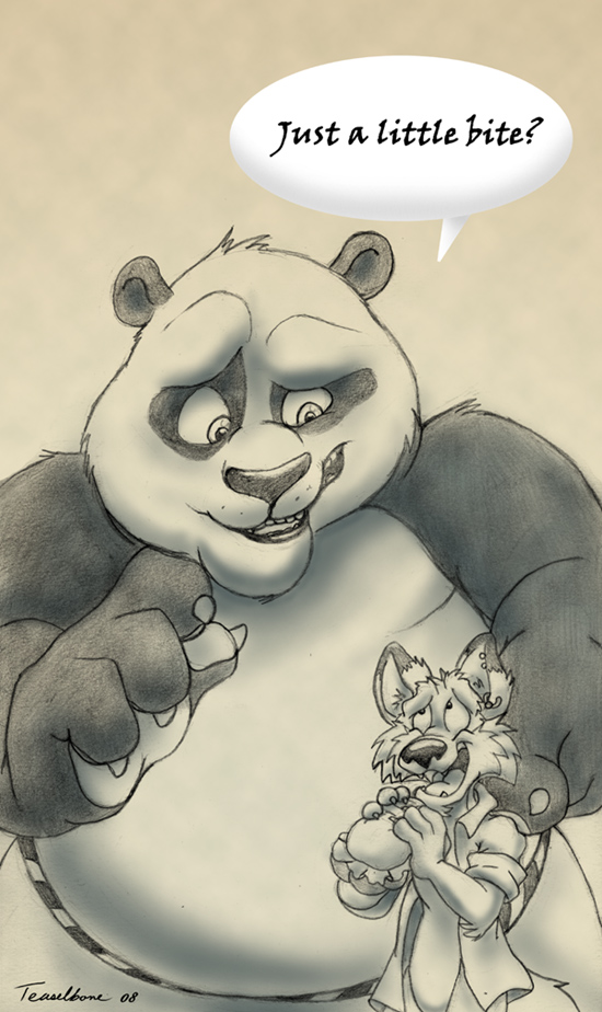 2008 anthro bear belly big_belly bottomwear canid canine canis chubby_anthro chubby_male claws clothing dialogue dreamworks duo ear_piercing ear_ring ears_up eye_contact fangs food fur giant_panda holding_food holding_object holding_sandwich jacket krystal_can't_enjoy_her_sandwich kung_fu_panda looking_at_another male mammal master_po_ping meme open_mouth overweight overweight_anthro overweight_male pants piercing ring_piercing sandwich_(food) signature size_difference slightly_chubby speech_bubble teaselbone teaselbone_(character) teeth text tongue topwear wolf