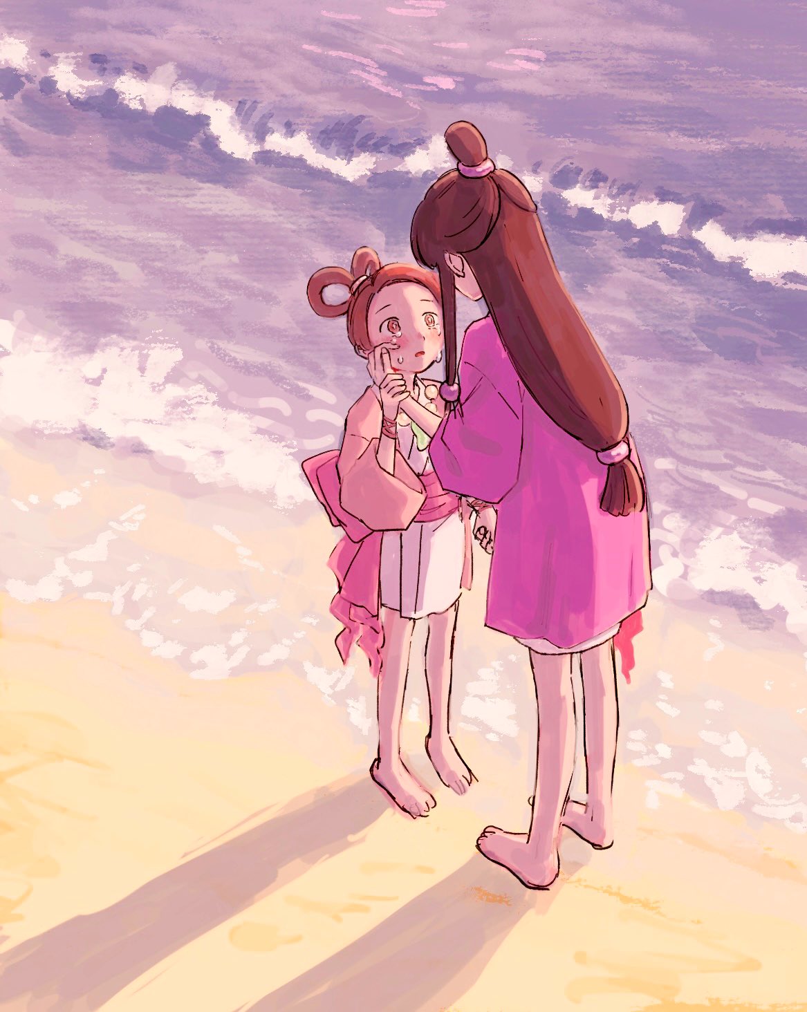 2girls ace_attorney barefoot beach bow brown_hair crying crying_with_eyes_open full_body hair_rings half_updo hand_on_another's_face hanten_(clothes) highres holding_another's_wrist jacket japanese_clothes jewelry kimono long_hair long_sleeves looking_at_another magatama magatama_necklace maya_fey multiple_girls necklace obi ocean open_mouth outdoors pearl_fey pink_jacket pink_sash purple_jacket renshu_usodayo sand sash short_hair short_kimono sidelocks standing tears waist_bow water white_kimono wiping_tears