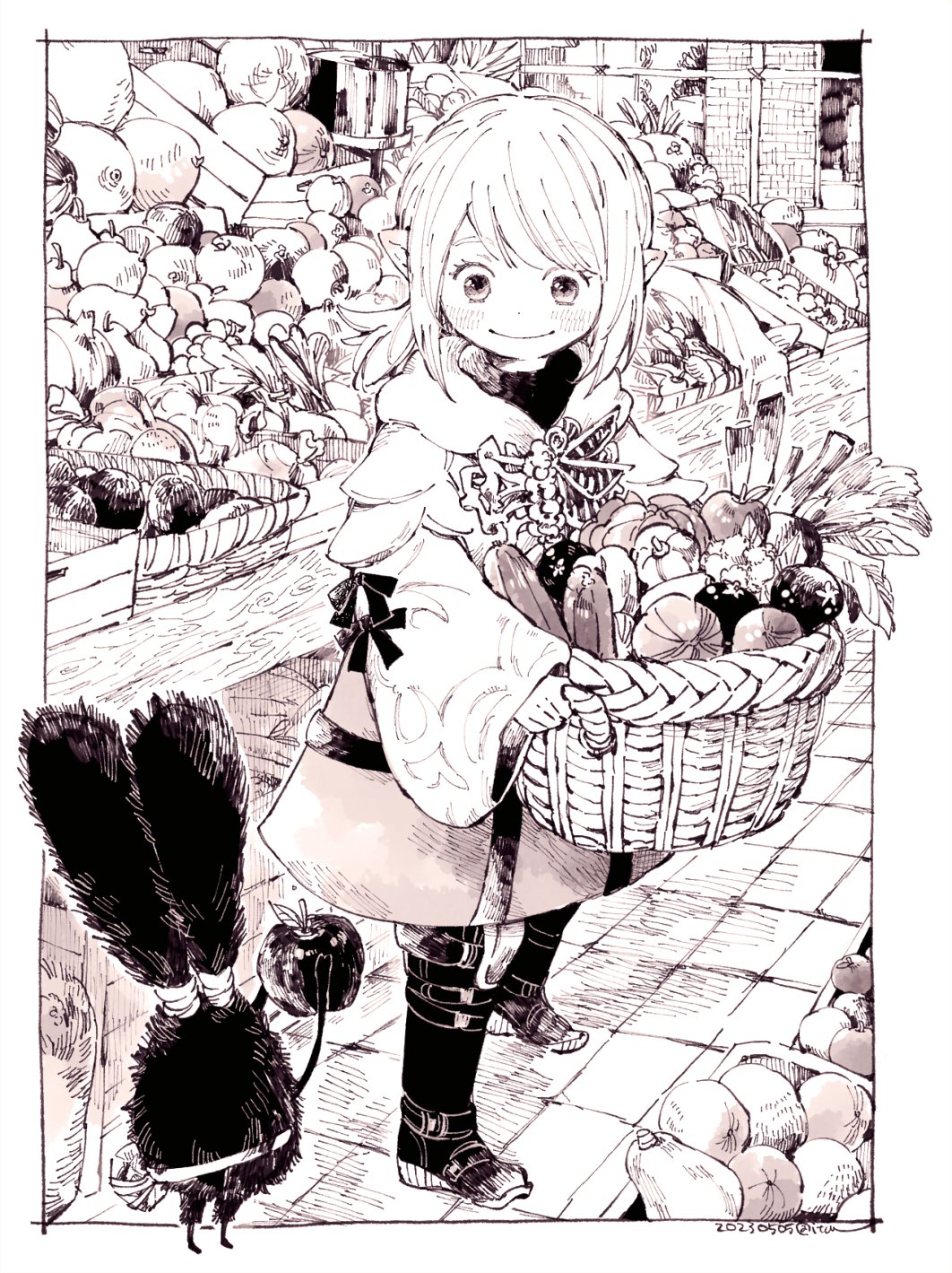 1girl apple basket black_footwear boots border commentary creature dated final_fantasy final_fantasy_xiv food from_side fruit full_body hatching highres holding holding_basket holding_food holding_fruit itowff14 lalafell market_stall monochrome outdoors outside_border pear pointy_ears robe sepia short_hair side_ponytail signature smile solo spriggan_(final_fantasy) standing swept_bangs thigh_boots vegetable warrior_of_light_(ff14) white_border wide_sleeves
