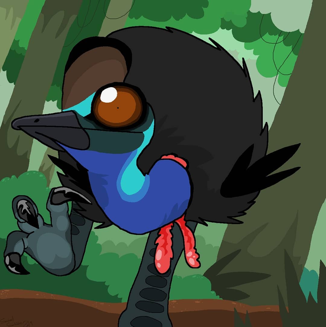 ambiguous_gender avian avian_caruncle beak big_pupils bird black_body black_feather_hair black_feathers blue_body blue_skin brown_eyes brown_sclera casque_(anatomy) cassowary clawed claws dewlap_(anatomy) dilated_pupils feathers forest forest_background head_crest jungle long_neck looking_at_viewer nature nature_background on_one_leg plant pupils ratite saureal sharp_claws shrub small_wings solo solo_focus standing stare talons toe_claws tree vines walking wattle wings