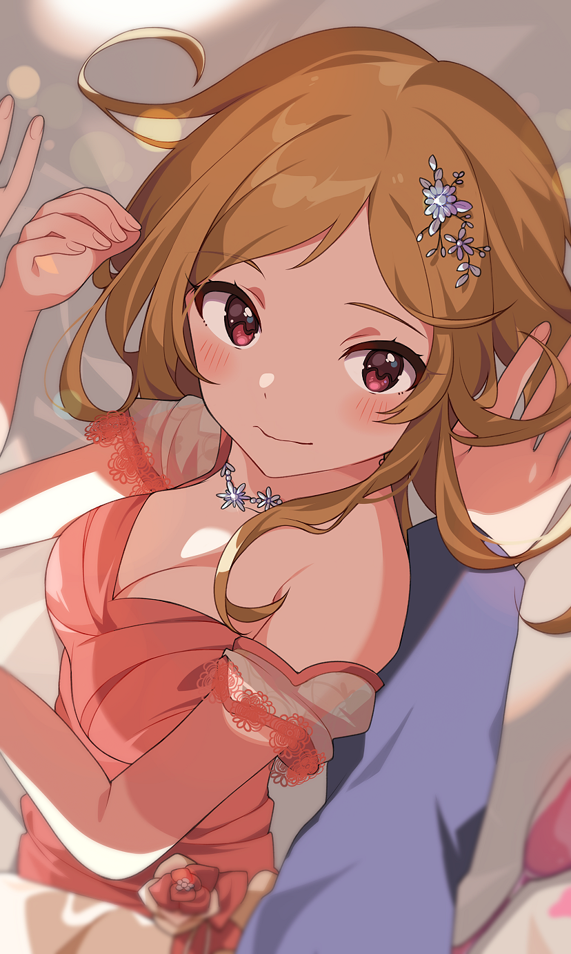 1boy 1girl bare_shoulders blonde_hair blush breasts brown_hair cleavage closed_mouth collarbone cup detached_sleeves dot_nose dress drinking_glass flower from_above hair_ornament highres idolmaster idolmaster_million_live! idolmaster_million_live!_theater_days inuyama_nanami jewelry lace-trimmed_sleeves lace_trim large_breasts lens_flare long_hair long_sleeves looking_at_viewer lying momose_rio necklace on_side pink_dress pink_flower pov producer_(idolmaster) red_eyes red_sash sash see-through see-through_sleeves sleeveless sleeveless_dress spilling wine_glass