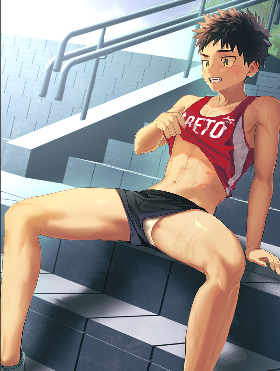 1boy abs arm_support bare_arms bare_legs bare_shoulders batsusuke black_shorts blush briefs brown_hair bulge clenched_teeth clothes_lift clothing_aside collarbone commentary_request day dutch_angle facing_viewer fang green_eyes hand_up handrail highres leaning_back lifted_by_self male_focus male_underwear midriff mizuno_(brand) navel original outdoors paid_reward_available pectoral_cleavage pectorals railing red_shirt shiny_skin shirt shirt_lift short_hair short_shorts shorts shorts_aside sitting sitting_on_stairs sleeveless sleeveless_shirt solo spiked_hair sportswear spread_legs stairs sweat tank_top teeth toned toned_male track_uniform underwear wet white_male_underwear