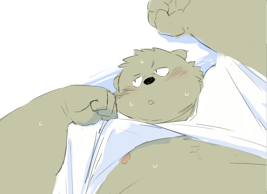 2023 anthro bear belly black_nose blush bodily_fluids clothed clothing clothing_lift humanoid_hands kemono lying male mammal moobs nipples overweight overweight_male sessa shirt shirt_lift solo sweat topwear