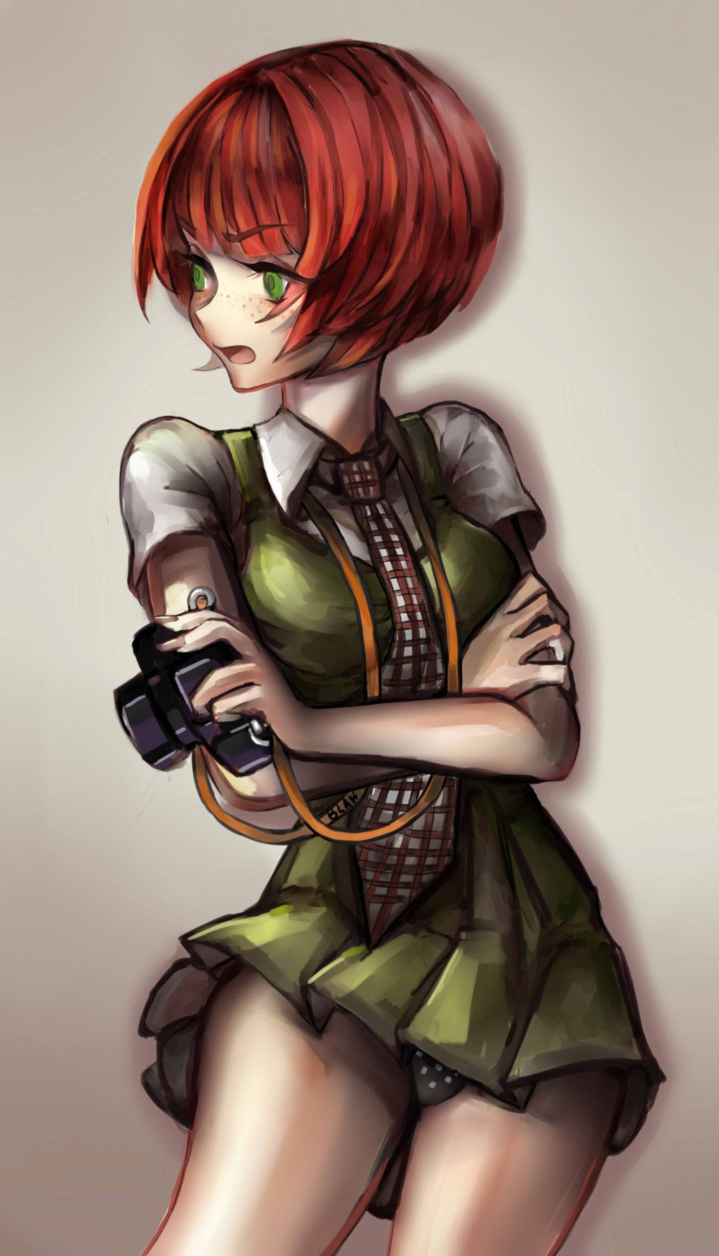 1girl angry bad_deviantart_id bad_id bad_source belt black_panties blanappleblurp blunt_bangs bob_cut breasts brown_belt camera contrapposto cowboy_shot crossed_arms danganronpa_(series) danganronpa_2:_goodbye_despair dress dress_shirt floating_clothes freckles gingham_necktie gradient_background green_dress green_eyes hand_on_own_arm highres holding holding_camera koizumi_mahiru looking_to_the_side medium_breasts necktie open_mouth panties pantyshot pinafore_dress pleated_dress polka_dot polka_dot_panties red_hair red_necktie school_uniform shirt short_dress short_hair short_sleeves sleeveless sleeveless_dress solo standing strap thighs turning_head two-tone_necktie underwear v-shaped_eyebrows very_short_hair white_necktie white_shirt