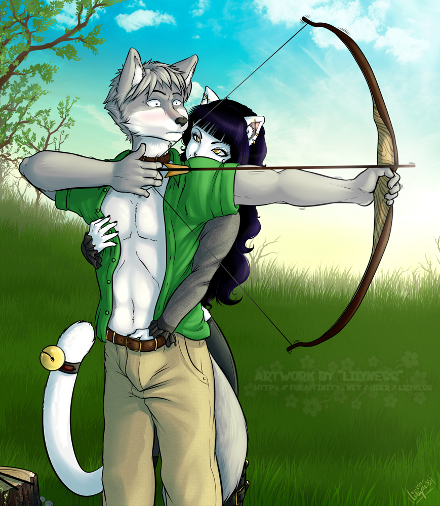 anthro anthro_on_anthro archery arrow_(weapon) bedroom_eyes black_hair blush bow_(weapon) canid canine canis clothed clothing coat domestic_cat felid feline felis hair hand_on_another's_chest hand_on_another's_penis handjob_from_behind lilyness mammal narrowed_eyes nipple_fetish nipple_play open_clothing open_coat open_shirt open_topwear ranged_weapon seduced seductive shirt topwear weapon white_hair wolf