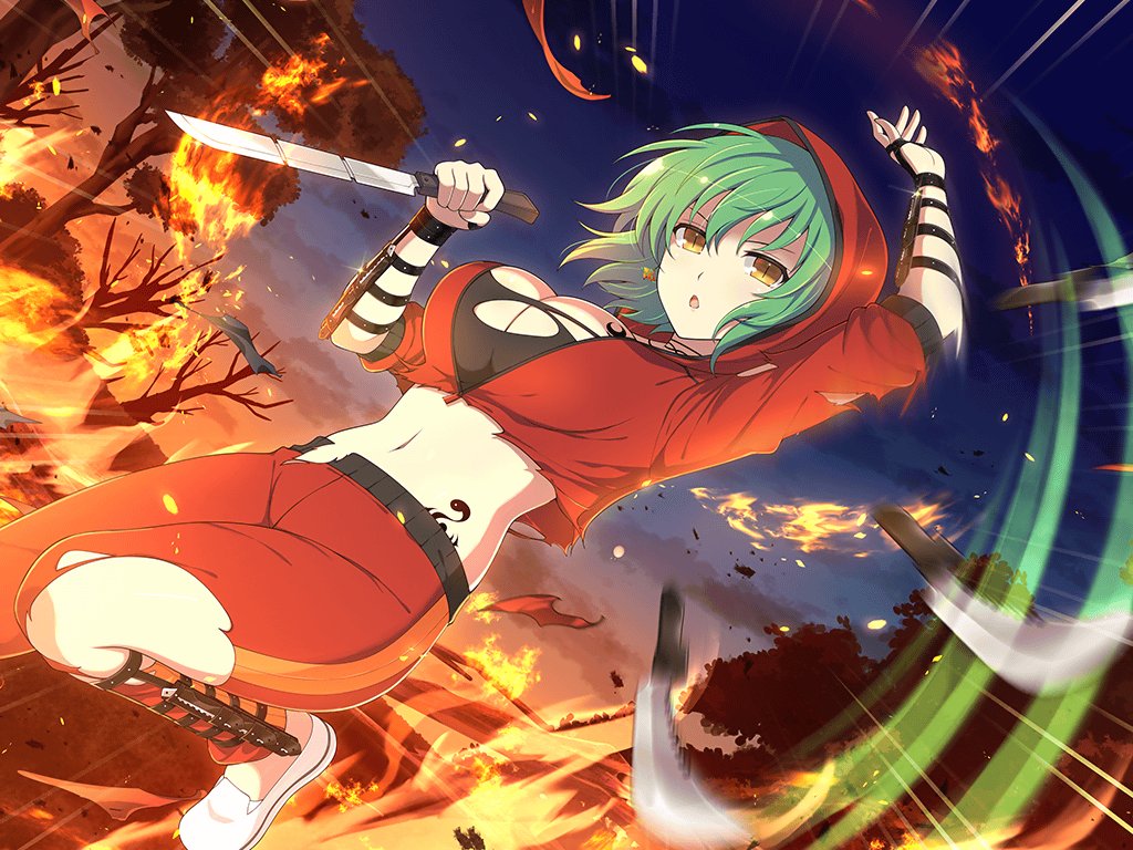 1girl arm_guards arm_sheath black_sports_bra breast_tattoo breasts burning choker cleavage combat_knife earrings fire flame green_hair hikage_(senran_kagura) holding holding_knife holding_weapon hood hood_up hooded_track_jacket jacket jewelry knife large_breasts looking_at_viewer machete motion_blur motion_lines navel official_alternate_costume official_art open_mouth pants red_track_suit reverse_grip senran_kagura senran_kagura_burst senran_kagura_new_link senran_kagura_shoujo-tachi_no_shin'ei sheath shirt short_hair slit_pupils snake_tattoo solo sports_bra tattoo throwing throwing_knife torn_clothes torn_jacket torn_pants torn_shirt torn_sports_bra track_jacket track_pants weapon white_footwear wildfire yaegashi_nan yellow_eyes