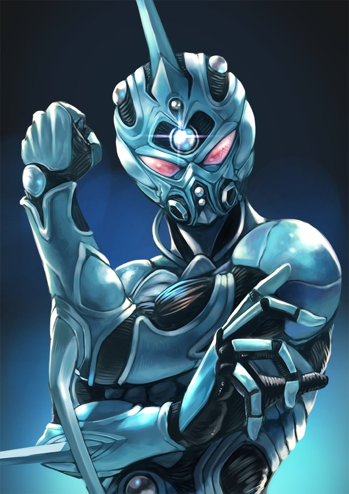 1boy clenched_hand guyver_i horns kagyu_nakamura kyoushoku_soukou_guyver looking_at_viewer male_focus power_armor simple_background solo