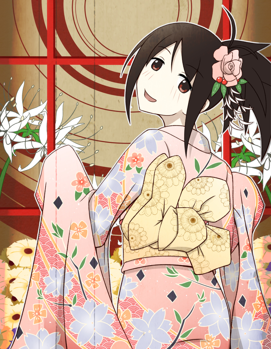 1girl bad_source brown_eyes brown_hair floral_print_kimono hair_ornament highres japanese_clothes kimono looking_back obi oora_kanako pokke_(pokke-chan) sash sayonara_zetsubou_sensei shaft_look