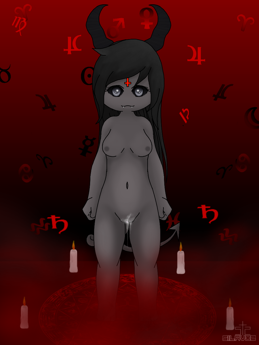black_hair bodily_fluids breasts candle clitoris cum cum_on_pussy demon eve_(tboi) female genital_fluids genitals grey_eyes hair hi_res horn humanoid long_hair nipples pussy silavos solo spade_tail summoning_circle tail the_binding_of_isaac_(series) watermark