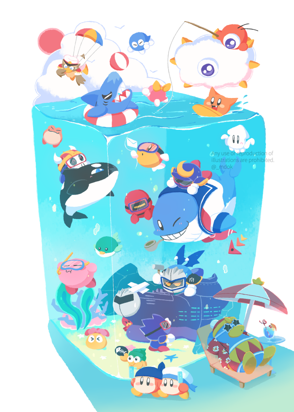 &gt;_&lt; :3 :d acro_(kirby) air_bubble armor artist_name axe_knight_(kirby) ball bandana bandana_waddle_dee beach_chair beach_umbrella beachball blipper blowfish_(kirby) blue_bandana blue_sailor_collar bubble chair closed_eyes closed_mouth cloud commentary_request coner coral crazy_straw cup diving_mask drink drinking_straw fake_horns fang fatty_whale fish fish_bone fishbone_(kirby) fishing_rod floral_print flotzo food gloves glunk_(kirby) gobbler_(kirby) goggles grin halberd_(airship) hammer hat hawaiian_shirt helmet holding holding_fishing_rod holding_food holding_hammer holding_popsicle horned_helmet horns innertube javelin_knight king_dedede kirby kirby_(series) kracko lalala_(kirby) lololo_(kirby) looking_down lounge_chair lounging mace_knight mask meta_knight midooka_(o_k_k) neckerchief one-eyed one_eye_closed open_clothes open_mouth open_shirt orca parachute pauldrons popsicle print_shirt red_headwear red_neckerchief red_shirt red_sun rock sailor_collar sailor_hat sailor_waddle_dee scarfy seaweed shade shadow sharp_teeth shipwreck shirt shoulder_armor simple_background smile smoking_pipe snorkel spikes squid squishy_(kirby) star-shaped_eyewear star_(symbol) starfish submerged sun sunglasses surfboard surfing swimming table teeth trident_knight twitter_username umbrella waddle_doo water watermark white-framed_eyewear white_background white_gloves white_headwear wings yellow_eyes