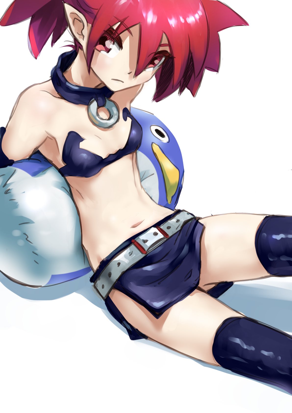 1girl bare_shoulders belt blue_collar blue_skirt blue_thighhighs breasts collar disgaea etna_(disgaea) hair_between_eyes highres makai_senki_disgaea miniskirt navel o-ring o-ring_collar pointy_ears prinny red_eyes red_hair short_hair side_slit simple_background sitting skirt small_breasts solo tenshinhannnn thighhighs white_background white_belt