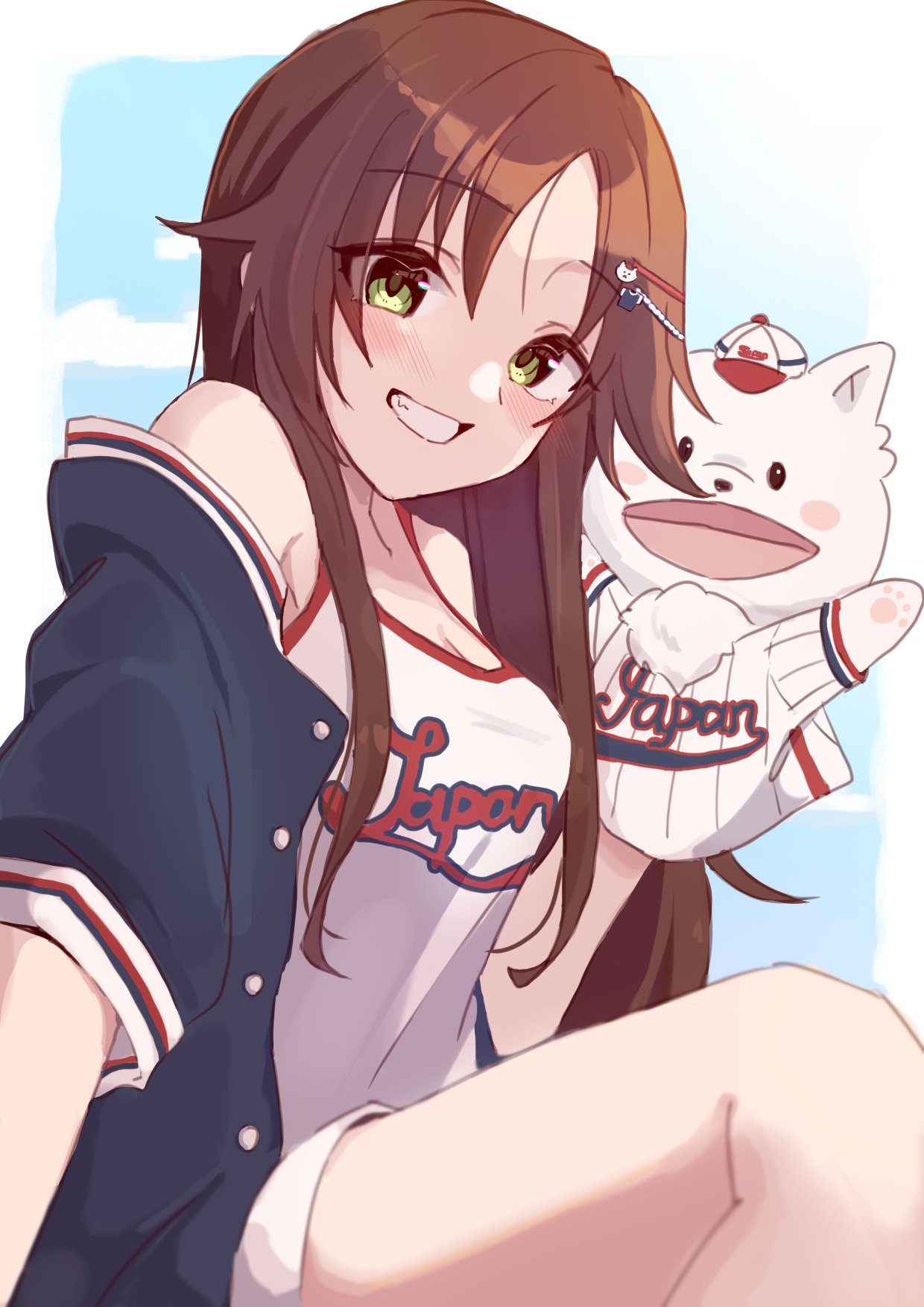 1girl baseball_cap blue_jacket blush breasts brown_hair cleavage green_eyes grin hand_puppet hat highres himekawa_yuki idolmaster idolmaster_cinderella_girls jacket long_hair looking_at_viewer medium_breasts meoism parted_bangs puppet smile solo straight_hair very_long_hair