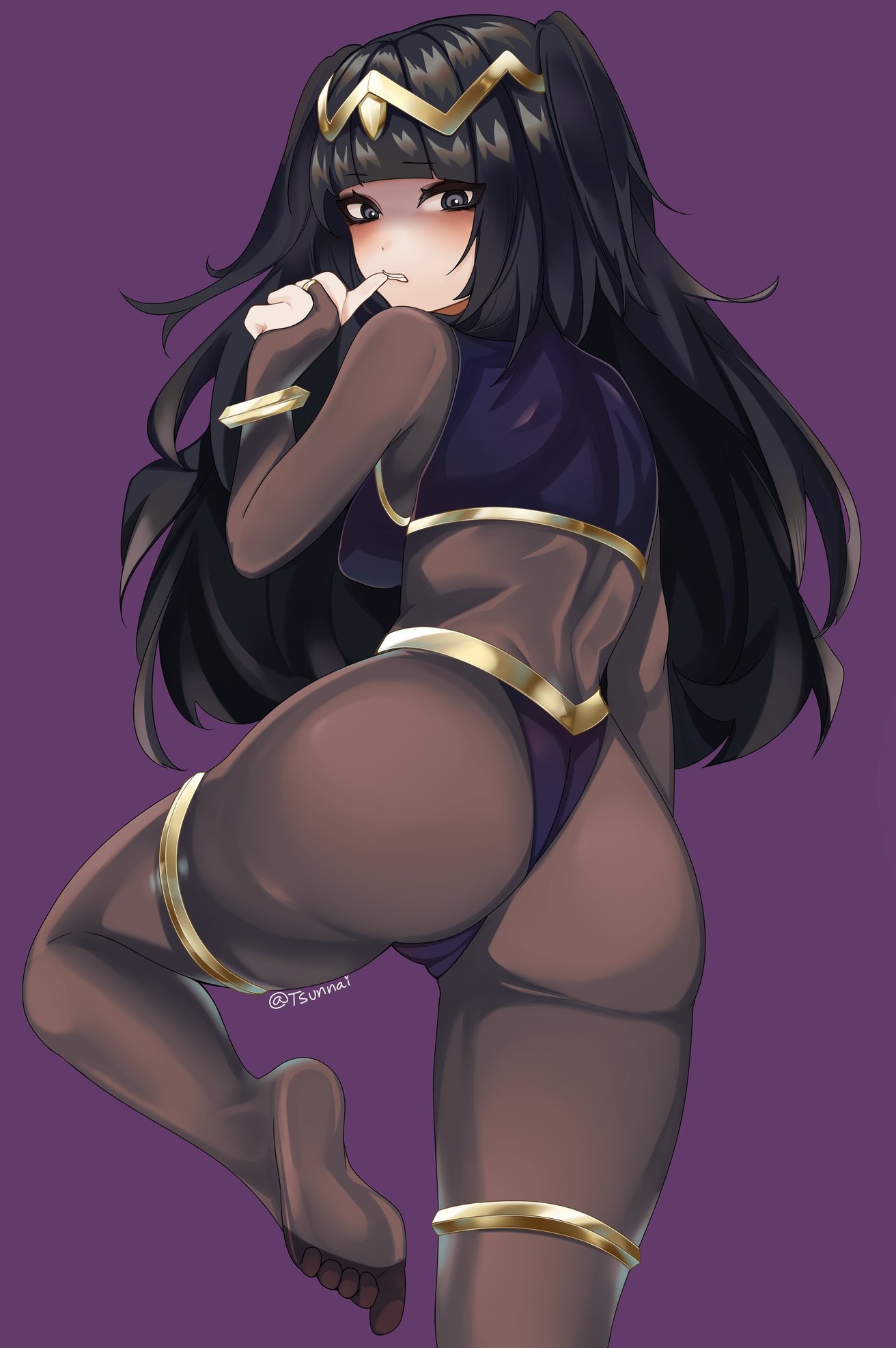 1girl armpit_crease ass back barefoot biting biting_own_finger black_hair blunt_bangs bodystocking bracelet breasts cameltoe commentary dot_nose fire_emblem fire_emblem_awakening from_behind gold highres jewelry long_hair looking_at_viewer looking_back medium_breasts purple_background purple_eyes simple_background solo tharja_(fire_emblem) thighlet thumb_biting tiara tsunnai two_side_up underwear