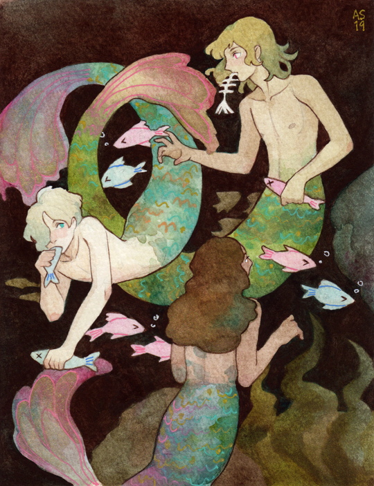 1girl 2boys air_bubble blonde_hair blue_eyes bone brown_hair bubble driftwoodwolf eating fins fish_tail green_hair long_hair mermaid monster_girl multiple_boys original painting_(medium) red_eyes seaweed tail traditional_media underwater watercolor_(medium)