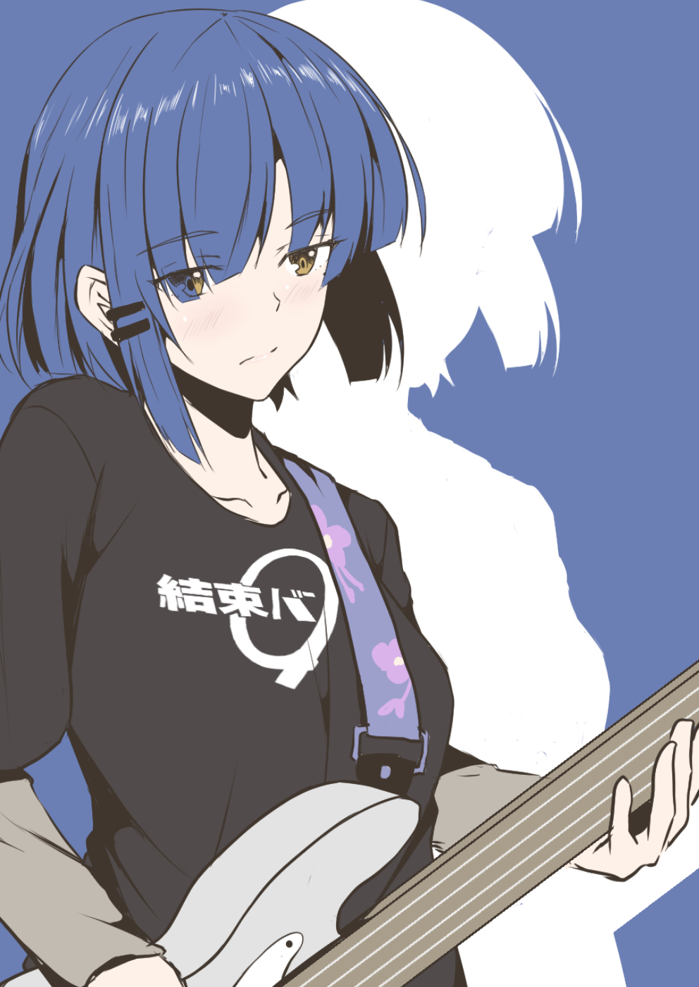 bass_guitar black_shirt blue_background blue_hair blunt_bangs bocchi_the_rock! clothes_writing electric_guitar fender_precision_bass guitar hair_ornament hairclip highres instrument mole mole_under_eye shirt short_hair silhouette taira_yuuki upper_body yamada_ryou yellow_eyes