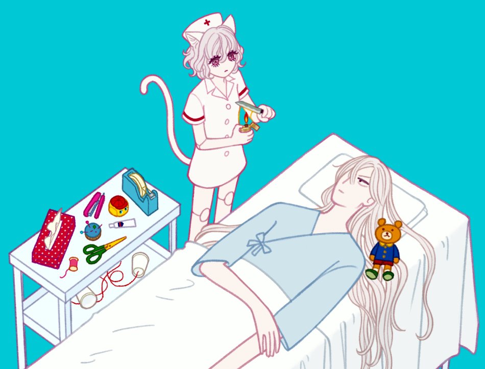 2others animal_ears bed bella_scottland cat_ears cat_tail chimera_ant cross dress duct_tape hair_over_one_eye hat holding holding_knife holding_lighter hospital_bed hospital_gown hunter_x_hunter joints kite_(hunter_x_hunter) knife lighter long_hair looking_at_another lying multiple_others needle neferpitou nurse nurse_cap on_bed paper purple_eyes red_cross scissors short_hair simple_background stapler stuffed_animal stuffed_toy tail teddy_bear toy white_background white_hair