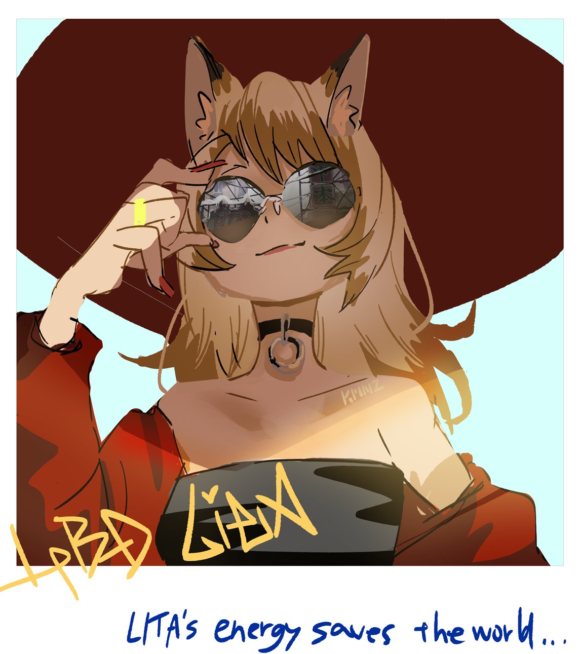 1girl adjusting_eyewear animal_ear_fluff animal_ears bare_shoulders black_choker blonde_hair blue_background border character_name choker closed_mouth dog_ears english_text hand_on_eyewear hand_up happy_birthday hat highres kmnz long_hair long_sleeves looking_at_viewer mc_lita nail_polish o-ring o-ring_choker off_shoulder polaroid red_headwear red_lips red_nails reflection seimannu smile solo strapless sunglasses tube_top upper_body virtual_youtuber white_border