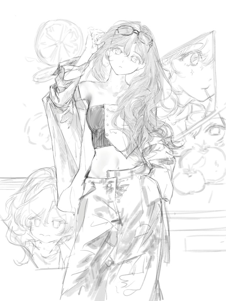 1girl closed_mouth cowboy_shot hair_between_eyes hand_in_pocket jacket long_hair looking_at_viewer mirror moaomao_mo monochrome multiple_views navel open_clothes open_jacket original reflection simple_background sketch standing stomach sunglasses white_background