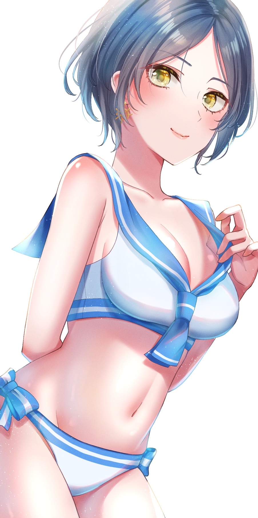 1girl ayn_(ayn_kau) bare_shoulders bikini blue_hair blue_neckerchief blue_sailor_collar bow bow_bikini breasts cleavage collarbone earrings hayami_kanade highres idolmaster idolmaster_cinderella_girls jewelry medium_breasts midriff navel neckerchief parted_bangs sailor_bikini sailor_collar sailor_swimsuit_(idolmaster) short_hair side-tie_bikini_bottom smile solo swimsuit white_bikini white_swimsuit yellow_eyes