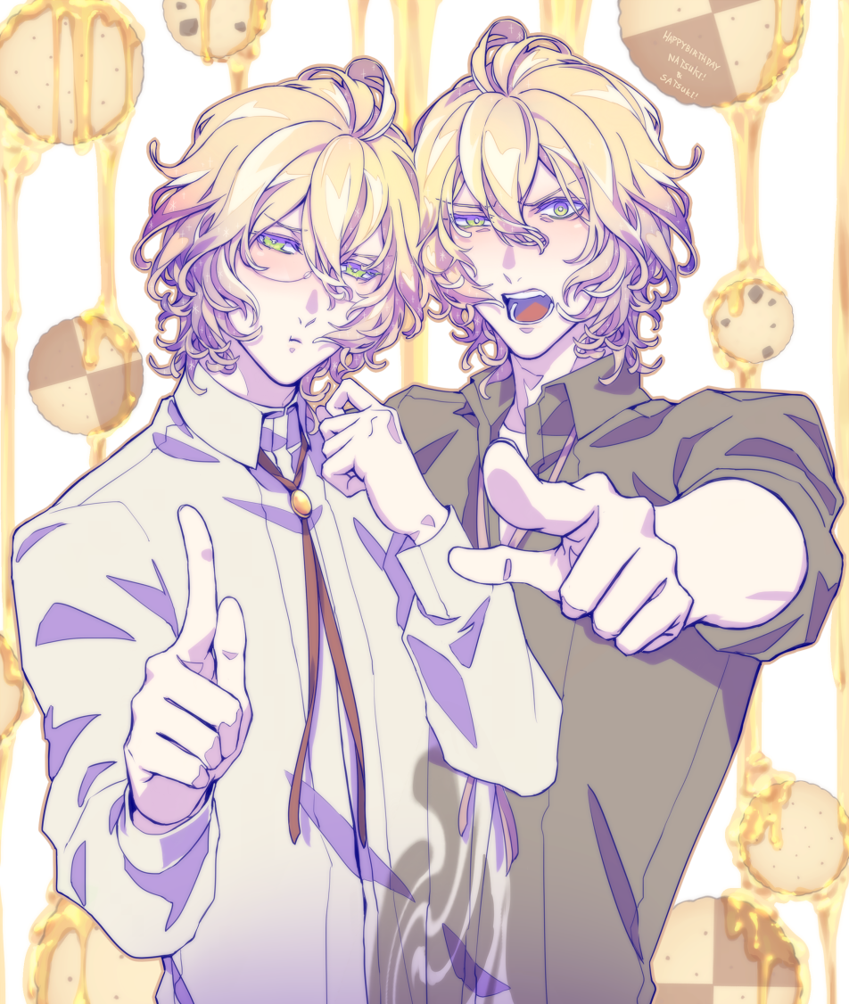 2boys :t black_shirt blonde_hair blush bolo_tie checkerboard_cookie chocolate_chip_cookie collared_shirt cookie cowlick cracker double-parted_bangs dual_persona food food-themed_background furrowed_brow glasses green_eyes hair_between_eyes hand_to_own_mouth honey long_sleeves looking_at_viewer male_focus meromizawa multiple_boys open_collar open_mouth pointing pointing_at_viewer pout shinomiya_natsuki_(uta_no_prince-sama) shinomiya_satsuki shirt short_hair sleeves_rolled_up teeth uneven_eyes upper_body uta_no_prince-sama wavy_hair white_background white_shirt