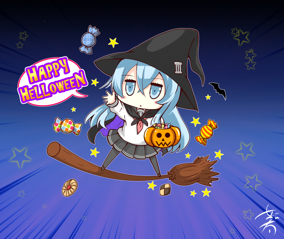 1girl basket black_cape black_headwear black_pantyhose black_sailor_collar black_skirt blue_eyes blue_hair broom candy cape chibi food full_body halloween hat hibiki_(kancolle) jack-o'-lantern kantai_collection light_blue_hair nyonyonba_tarou pantyhose pleated_skirt riding sailor_collar school_uniform serafuku skirt solo standing witch_hat