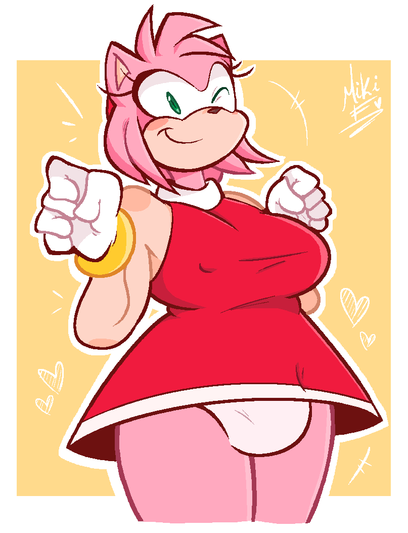 amy_rose anthro breasts clothed clothing dress eulipotyphlan eyelashes female gloves green_eyes half-length_portrait handwear hedgehog herm intersex intersex/female looking_at_viewer mammal medium_breasts mikifluffs one_eye_closed pink_body portrait red_clothing red_dress sega solo sonic_the_hedgehog_(series) tight_clothing upskirt wink winking_at_viewer