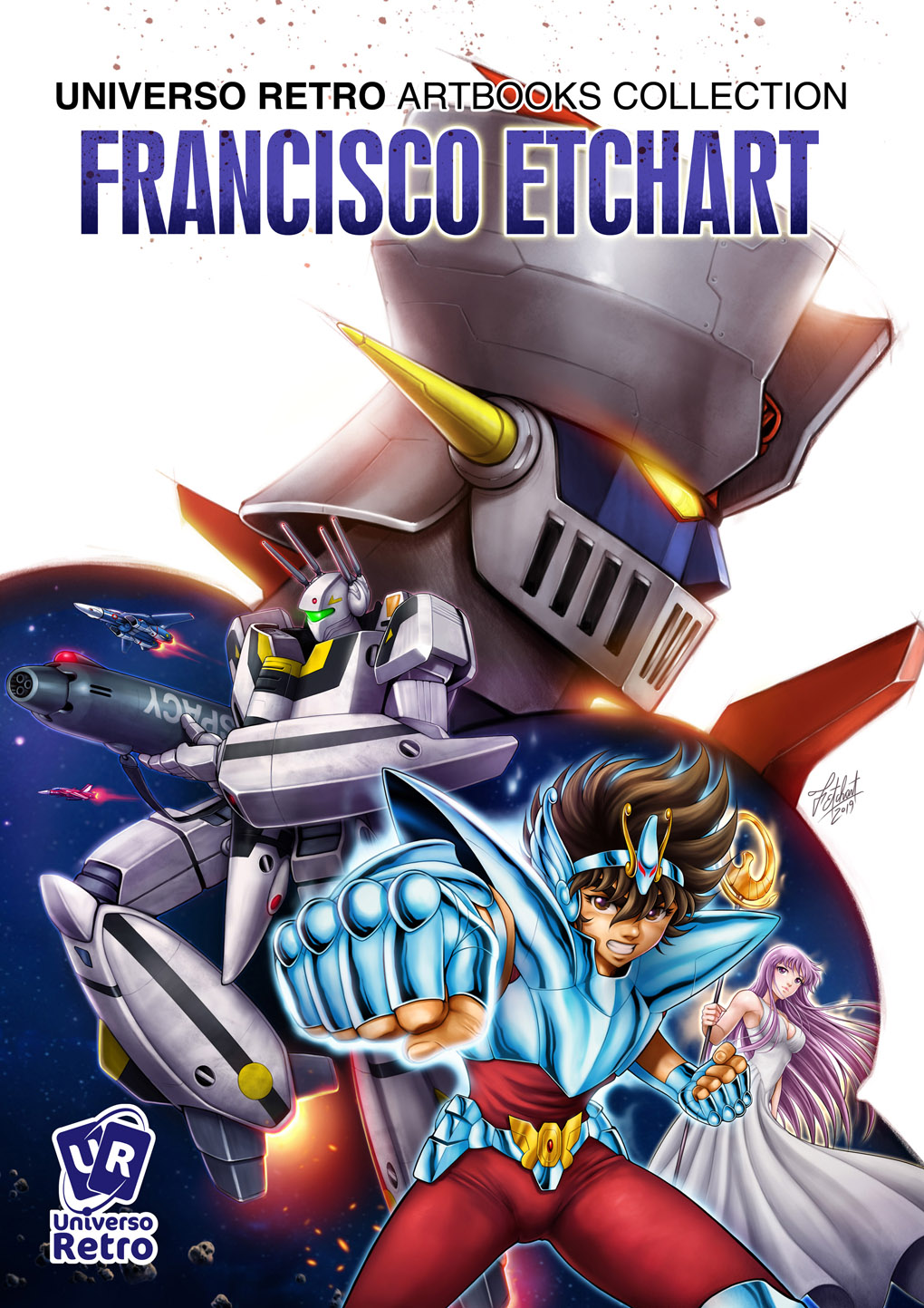 1980s_(style) 1boy 1girl armor artbook athena_(saint_seiya) battroid brown_hair choujikuu_yousai_macross dress energy energy_cannon english_commentary english_text fighting_stance fingerless_gloves fleet flying franciscoetchart gloves glowing glowing_eyes grin gunpod highres logo long_hair looking_at_viewer macross martial_arts mazinger_(series) mazinger_z mazinger_z_(mecha) mecha pegasus_seiya punching purple_hair retro_artstyle robot robotech roundel saint_seiya science_fiction serious signature smile spanish_text spiked_hair super_robot u.n._spacy upper_body variable_fighter vf-1 vf-1a vf-1s