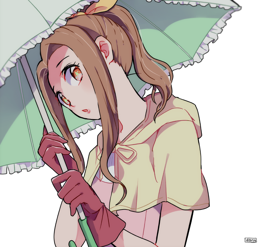 1girl brown_eyes brown_hair digimon gloves holding holding_umbrella long_hair looking_at_viewer natsuki_(aisae) red_gloves simple_background solo tachikawa_mimi umbrella upper_body white_background