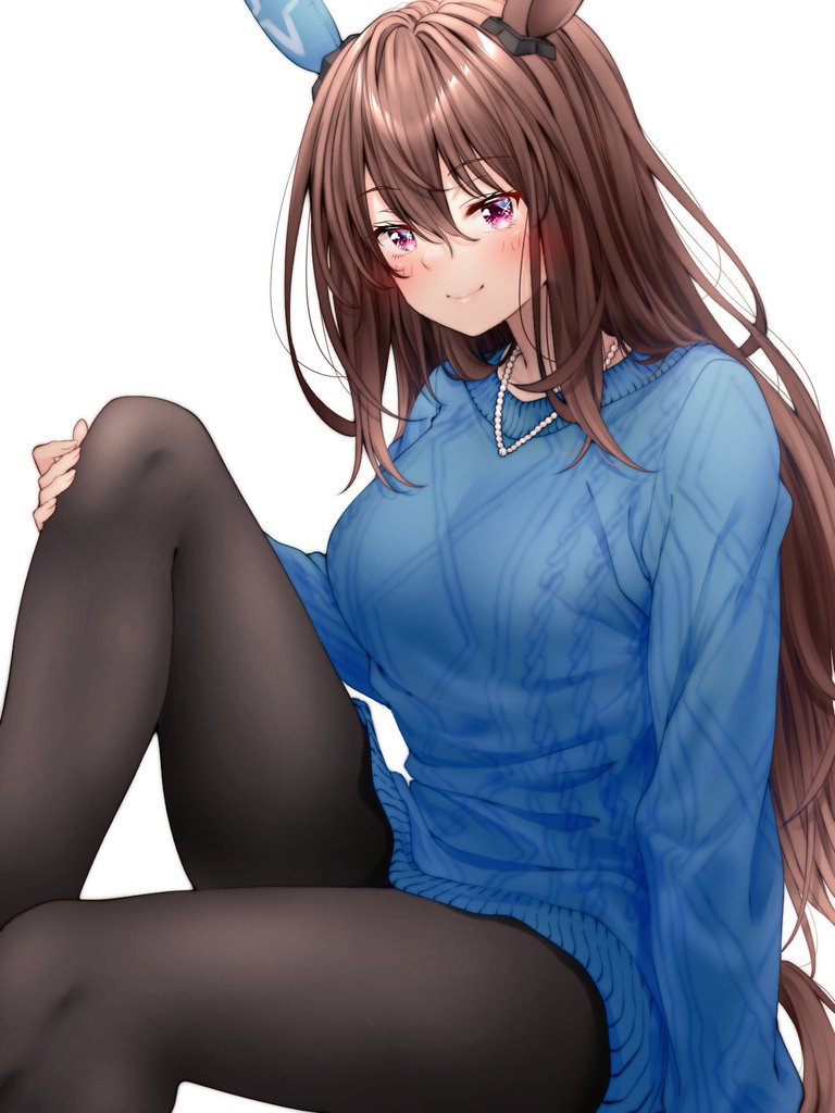 1girl admire_vega_(umamusume) alternate_costume animal_ears black_pantyhose blue_sweater blush breasts brown_hair closed_mouth commentary_request ear_covers hair_between_eyes hair_down horse_ears horse_girl horse_tail knee_up long_hair long_sleeves looking_at_viewer medium_breasts pantyhose purple_eyes red_hayao simple_background single_ear_cover smile sweater tail umamusume white_background