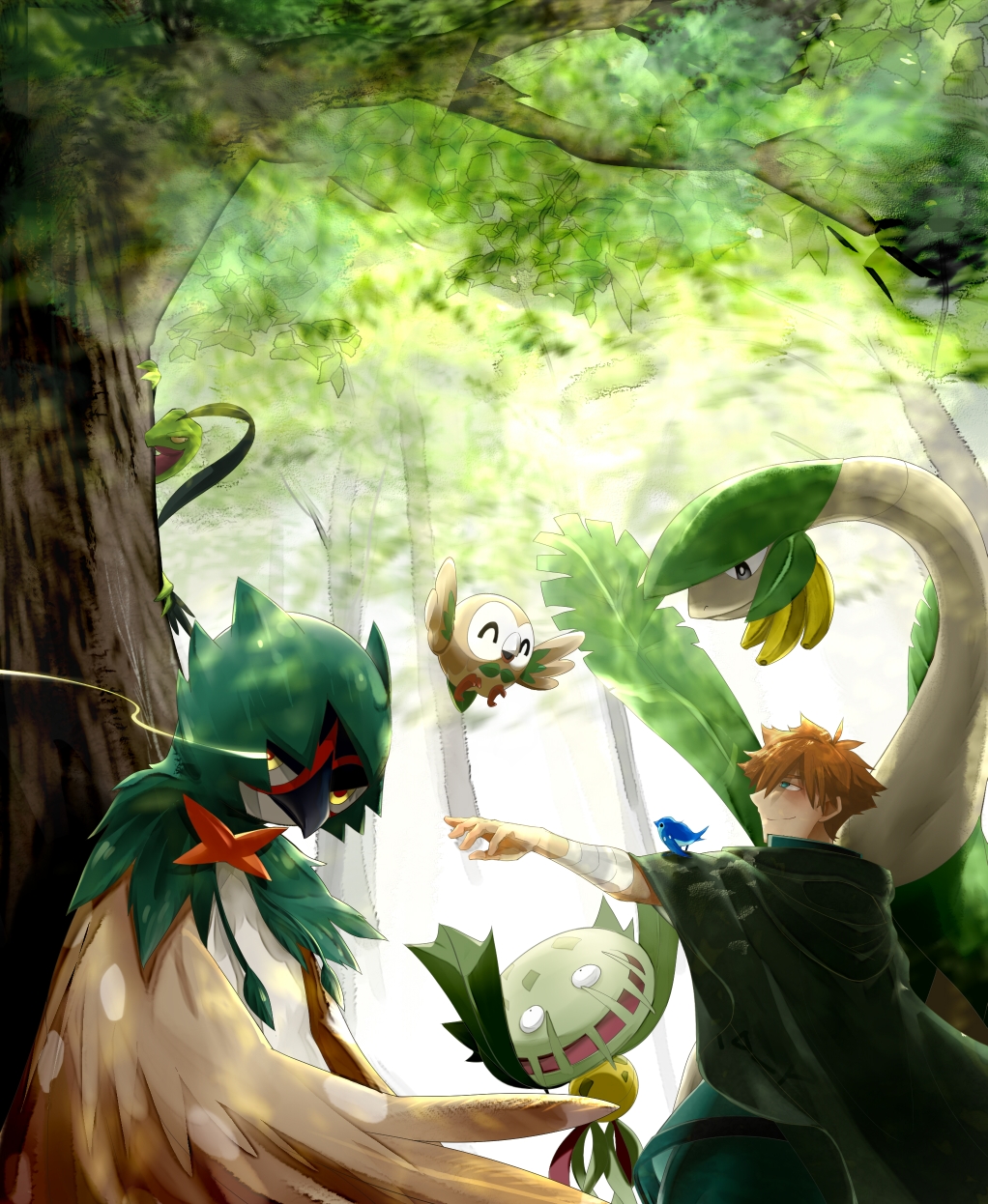 1boy animal_on_arm arm_wrap bird bird_on_arm brown_hair cape carnivine dappled_sunlight day decidueye fate_(series) forest green_cape green_eyes grovyle hair_between_eyes highres nature outdoors pokemon pokemon_(creature) robin_hood_(fate) rowlet smile standing sunlight tropius yellow_eyes