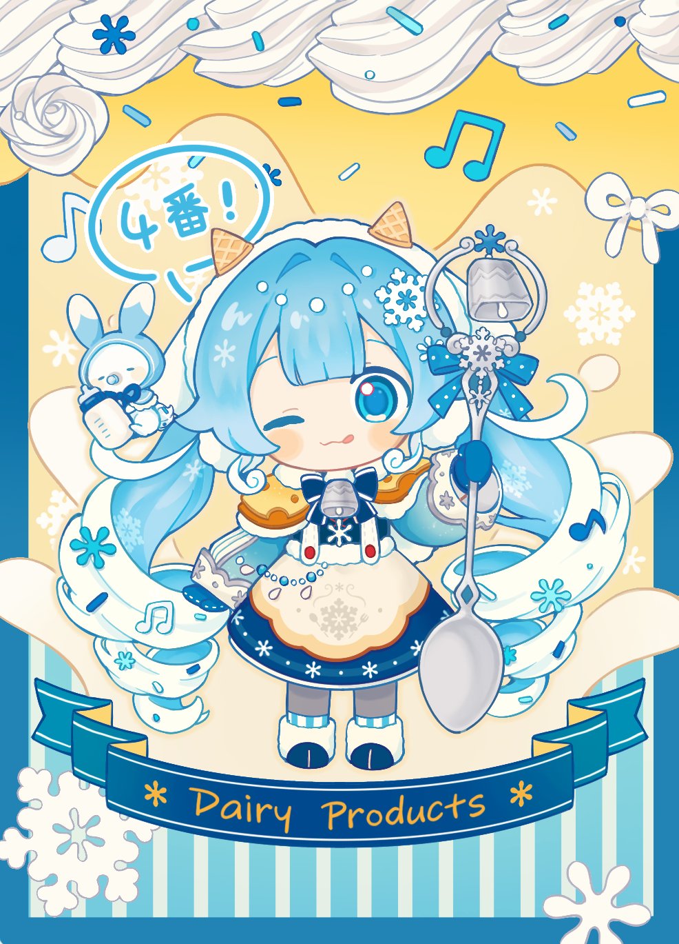1girl :3 :q animal baby_bottle beamed_eighth_notes bell blue_background blue_bow blue_dress blue_eyes blue_hair blue_hood blue_mittens blue_ribbon blush_stickers bottle bow capelet cheese closed_eyes commentary cowbell dress eighth_note english_text fake_horns food fur-trimmed_footwear hair_ornament hatsune_miku highres holding holding_bottle holding_spoon horns ice_cream ice_cream_cone inomo_(qimoshu) long_hair milk_bottle musical_note musical_note_hair_ornament one_eye_closed oversized_object pacifier rabbit rabbit_yukine ribbon skirt smile snowflake_hair_ornament solo speech_bubble spoon sprinkles striped striped_background striped_bow suspender_skirt suspenders swiss_cheese tongue tongue_out twintails two-tone_background very_long_hair vocaloid waffle_cone wavy_hair white_hair white_headdress yellow_background yellow_capelet yuki_miku