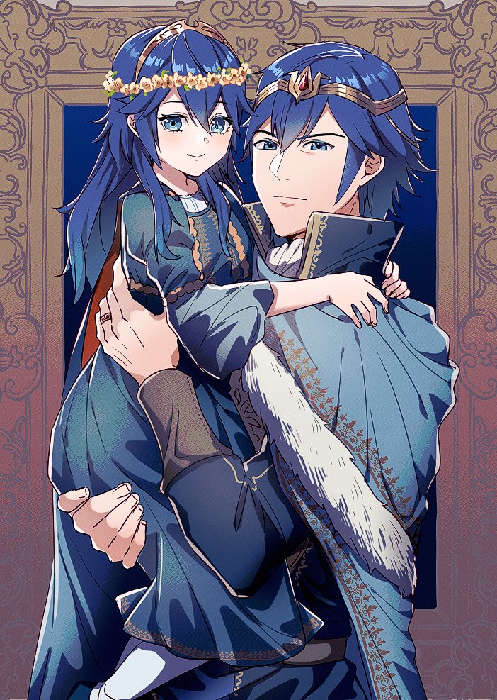1boy 1girl aged_down alternate_costume ameno_(a_meno0) blue_cape blue_dress blue_eyes blue_hair blue_shirt cape carrying carrying_person child chrom_(fire_emblem) closed_mouth dress father_and_daughter female_child fire_emblem fire_emblem_awakening flower fur-trimmed_cape fur_trim hair_between_eyes head_wreath jewelry long_hair long_sleeves looking_at_viewer lucina_(fire_emblem) shirt short_hair smile tiara yellow_flower