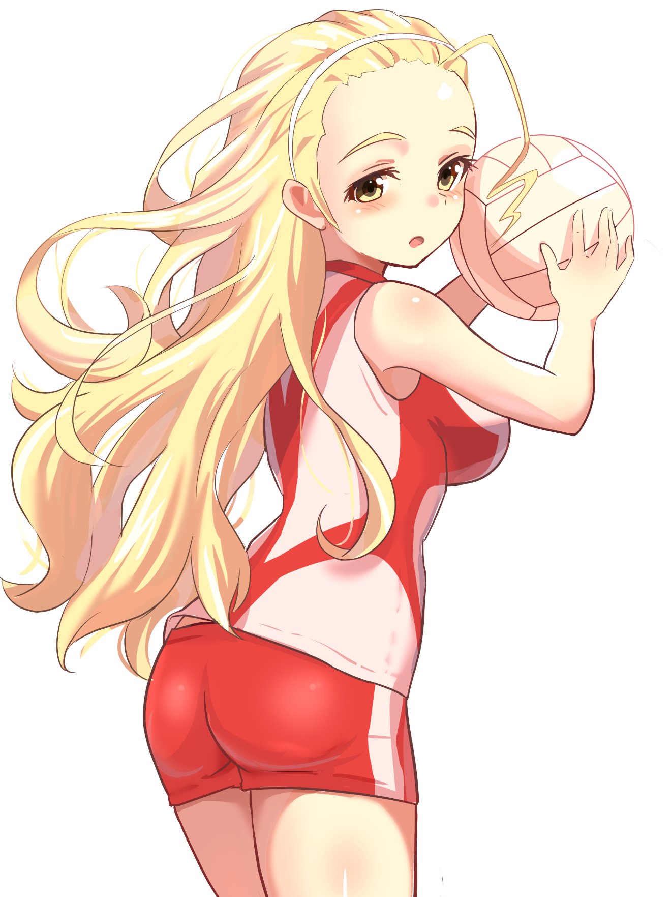 1022_deadly ass ball blonde_hair commentary_request forehead from_behind girls_und_panzer highres holding holding_ball looking_at_viewer looking_back red_shorts sasaki_akebi shirt short_shorts shorts simple_background sleeveless sleeveless_shirt sportswear standing volleyball volleyball_uniform white_background yellow_eyes