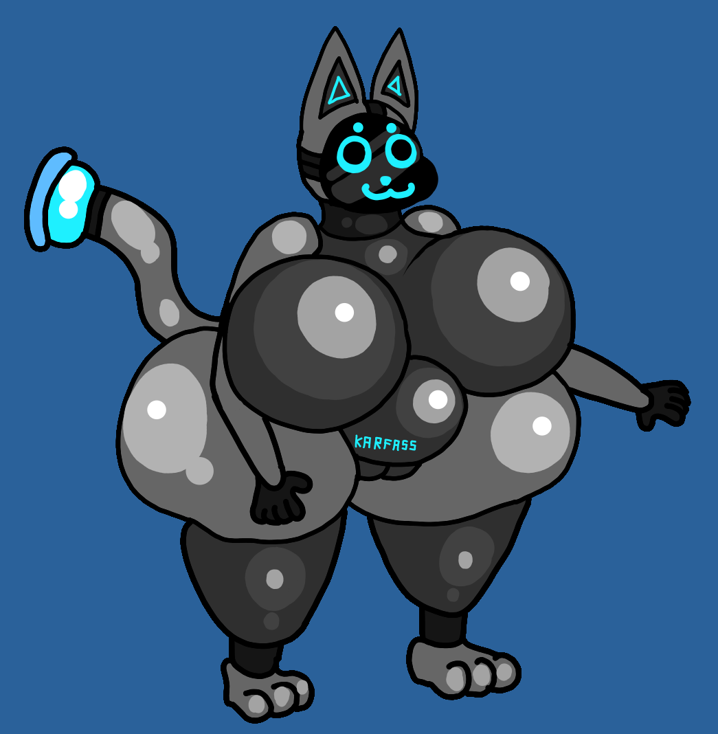anthro big_breasts big_butt breasts butt dahliathefox felid feline female huge_breasts huge_butt hyper hyper_breasts hyper_butt karfass_(dahliathefox) machine mammal robot sex_bot shaded simple_background simple_shading solo