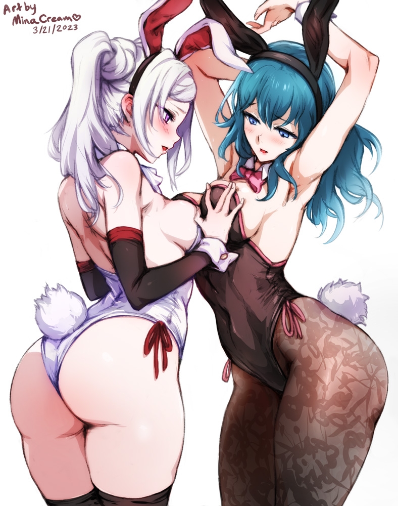 2girls alternate_costume animal_ears armpits ass ass_focus black_leotard blue_eyes blue_hair blush breasts brown_pantyhose byleth_(female)_(fire_emblem) byleth_(fire_emblem) cleavage commentary detached_collar edelgard_von_hresvelg english_commentary fake_animal_ears fake_tail fire_emblem fire_emblem:_three_houses grabbing grabbing_another's_breast groping hair_between_eyes huge_ass large_breasts leotard long_hair looking_at_another medium_hair mina_cream multiple_girls paid_reward_available pantyhose patterned_legwear playboy_bunny purple_eyes rabbit_ears rabbit_tail sideboob small_breasts strapless strapless_leotard tail thick_thighs thighhighs thighs white_hair yuri