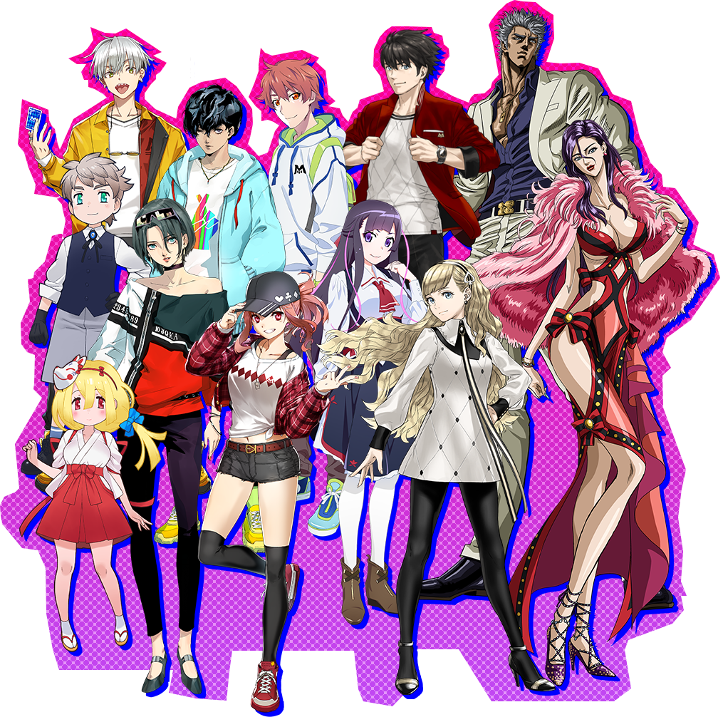 6+boys 6+girls black_hair brown_hair bunbun grey_hair hara_tetsuo hat kozaki_yuusuke long_hair looking_at_viewer m_hold'em multiple_boys multiple_girls official_art red_hair short_hair simple_background soejima_shigenori transparent_background watanabe_akio white_hair yoshizaki_mine