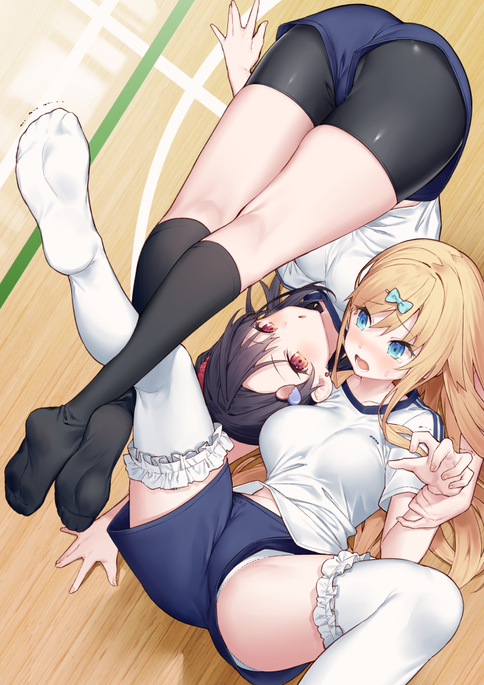 2girls ass bike_shorts black_hair black_shorts black_socks blonde_hair blue_bow blue_eyes blue_shorts bow breasts commentary_request frilled_thighhighs frills gym_shirt gym_shorts gym_uniform hair_bow hair_ornament hairclip holding_another's_wrist kneehighs long_hair medium_breasts multiple_girls on_floor original panties red_eyes shirt short_shorts shorts shorts_under_shorts socks soles thighhighs tokuno_yuika trembling underwear upside-down very_long_hair white_panties white_shirt white_thighhighs