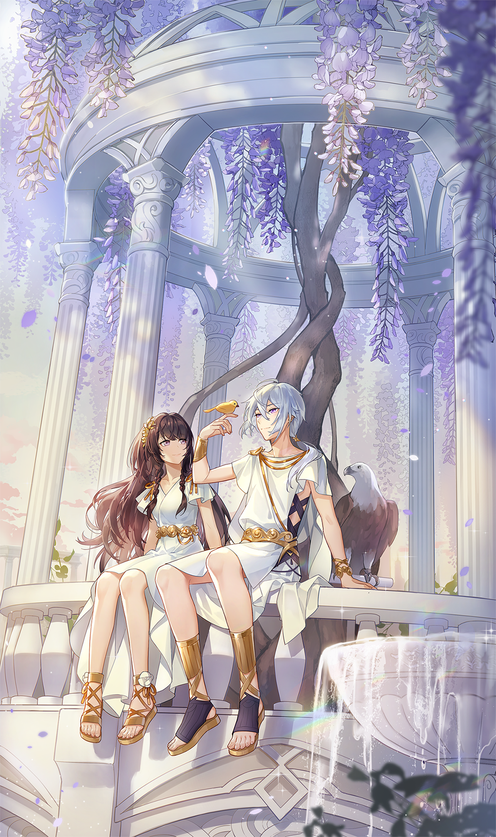 1boy 1girl ancient_greek_clothes arm_support belt bird bird_on_hand bird_stand black_hair bracer braid cross-laced_clothes dress dusk eagle falling_petals flower for_all_time fountain full_body gazebo gladiator_sandals gold_belt hair_between_eyes hair_ornament hand_up heroine_(for_all_time) highres leaf_hair_ornament long_hair looking_at_animal low_ponytail petals purple_eyes purple_flower ruru_(lulubuu) sandals shoe_flower side_braids sitting smile tree white_dress white_flower white_hair white_tunic wisteria yexuan
