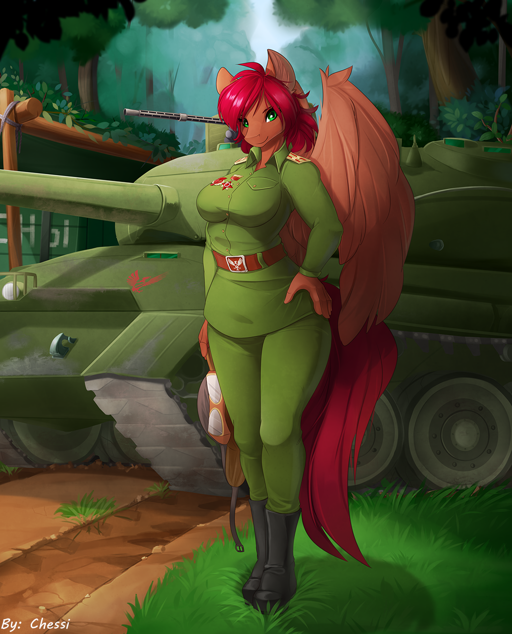 5_fingers anthro belt belt_buckle boots bottomwear breasts cannon chessi clothing colored epaulet equid equine eyewear feathers female fingers footwear goggles grass green_clothing green_eyes gun hair hand_on_hip hasbro hi_res horse humanoid_hands looking_at_viewer machine_gun mammal medal my_little_pony pants papers_please pegasus pink_body pink_feathers plant plantigrade pony ranged_weapon red_hair red_tail shirt smile solo standing t-44_(tank) tail tank tanker_helmet topwear treads tree vehicle weapon wide_hips wings